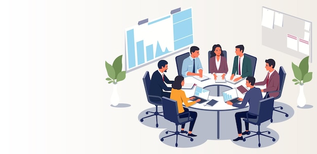 Business meeting with professionals around a table vector illustration