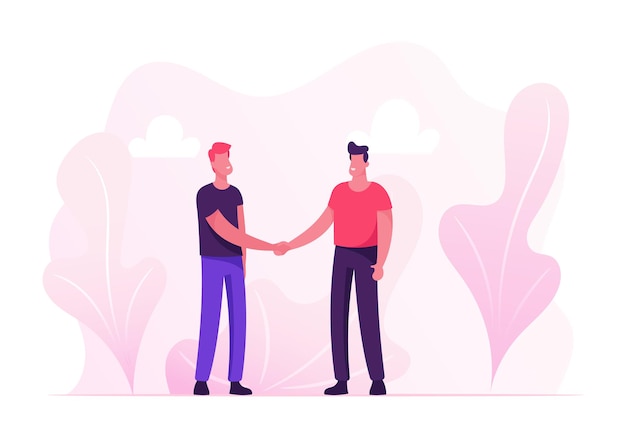 Business Meeting. Young People Stand Face to Face Shaking Hands. Cartoon Flat Illustration