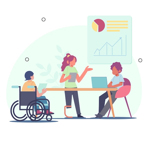 Vector business meetings by people of various races and people with disabilities vector flat illustration