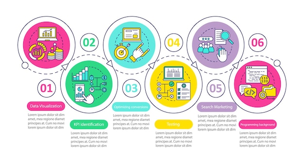 Modello di infografica vettoriale per corsi di metriche aziendali elementi di design della presentazione aziendale visualizzazione dei dati con passaggi e opzioni grafico della sequenza temporale del processo layout del flusso di lavoro con icone lineari