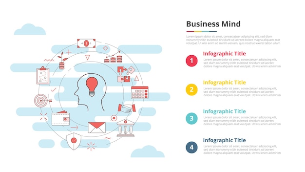 4포인트 목록 정보 벡터가 있는 인포그래픽 템플릿 배너에 대한 비즈니스 마인드 개념
