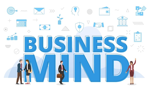 business mind concept with big words and people surrounded by related icon with blue color style