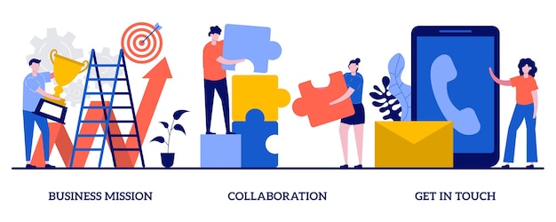 Business mission, collaboration, get in touch concept with tiny people. Set of Company development direction, team building exercise, corporate communication.