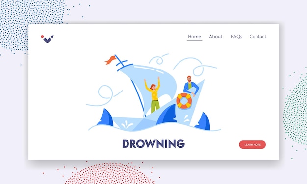 Vector business mistake hopeless situation landing page template frightened businesspeople shipwreck on paper boat