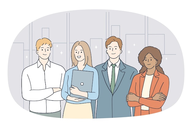 Business mixed race team concept group of diverse mixed race people business partners workers standing together with laptop and looking at camera vector illustration