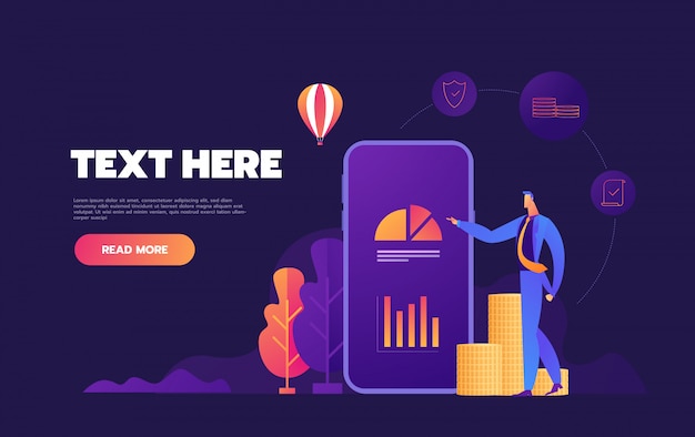 Business mobile application  isometric illustrations on purple background,