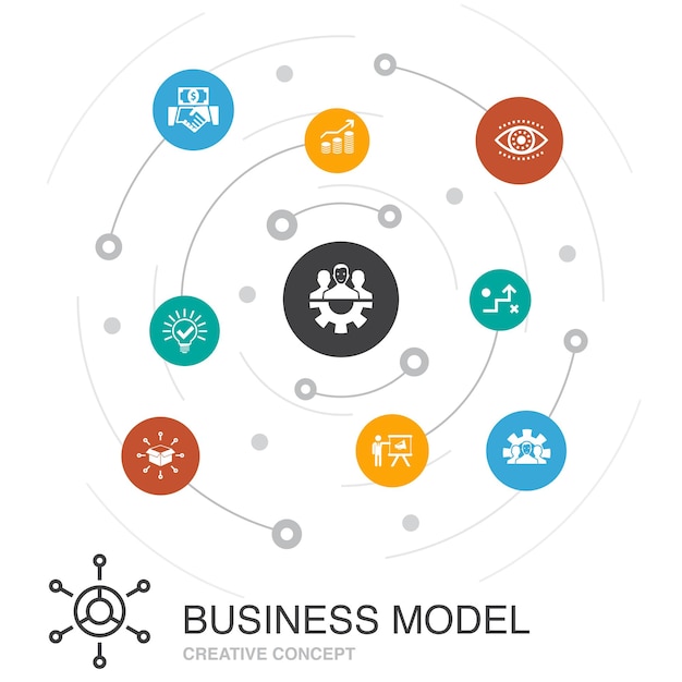Концепция цветного круга бизнес-модели с простыми значками содержит такие элементы, как значки маркетинговых решений для совместной работы стратегии