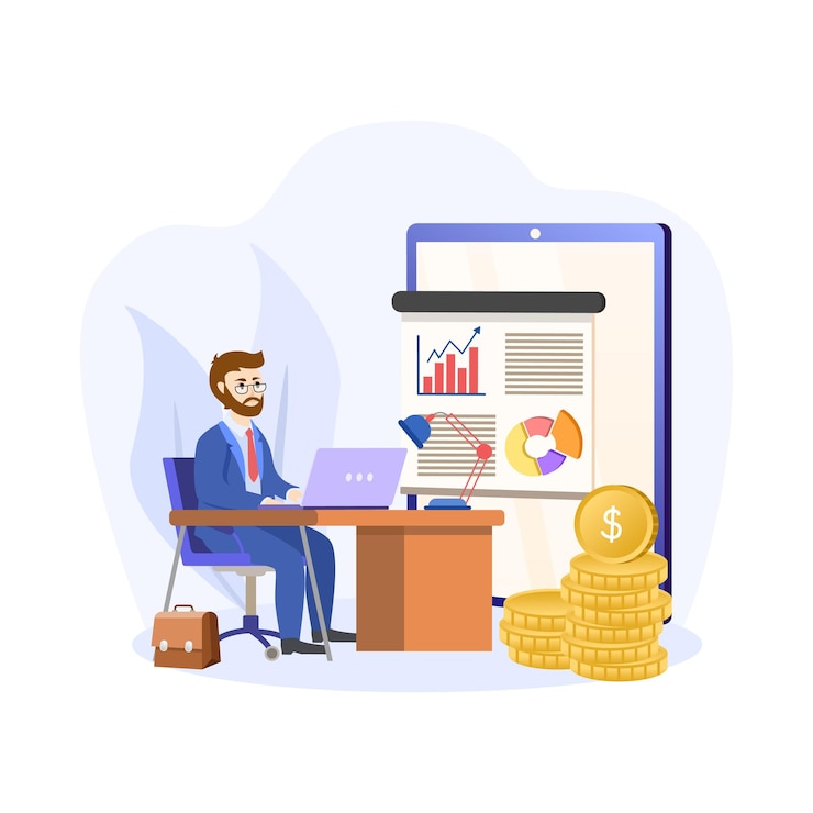 Vector business model illustration concept the man present with whiteboard business model canvas illustration flat corporation company plan written in large paper