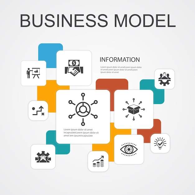 Business model infographic 10 line icons template.strategy, teamwork, marketing, solution simple icons