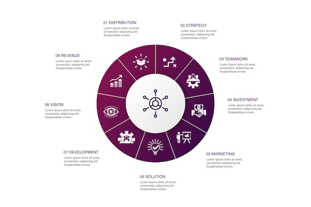 Business model infographic 10 steps circle design.strategy, teamwork, marketing, solution simple icons