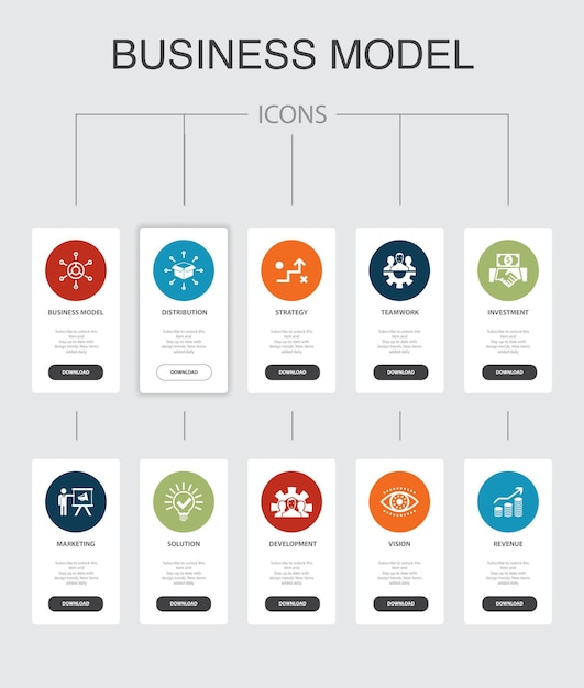 Business model infographic 10 steps ui design.strategy, teamwork, marketing, solution simple icons