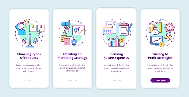 Schermata della pagina dell'app mobile di onboarding del modello di business. servizi aziendali walkthrough 4 passaggi istruzioni grafiche con concetti. modello vettoriale ui, ux, gui con illustrazioni a colori lineari