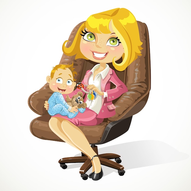 Vector business mom with baby boy in an office chair