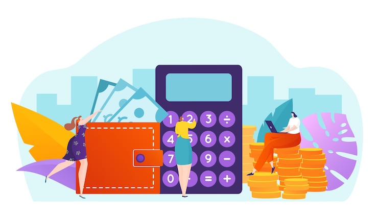 Vector business money finance banking system tiny people character make money gold coin stack flat vector