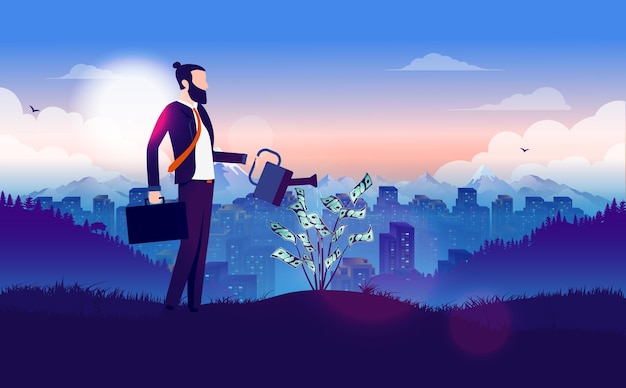 Business money growth illustration of businessman watering tree of cash