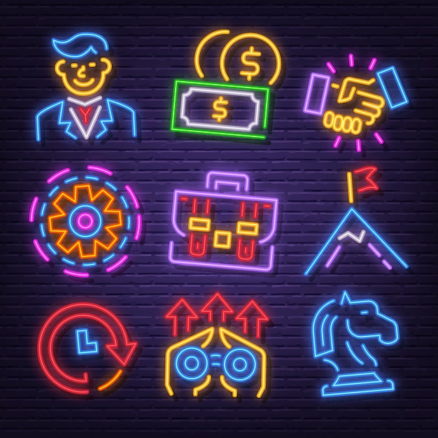 Business neon icon set