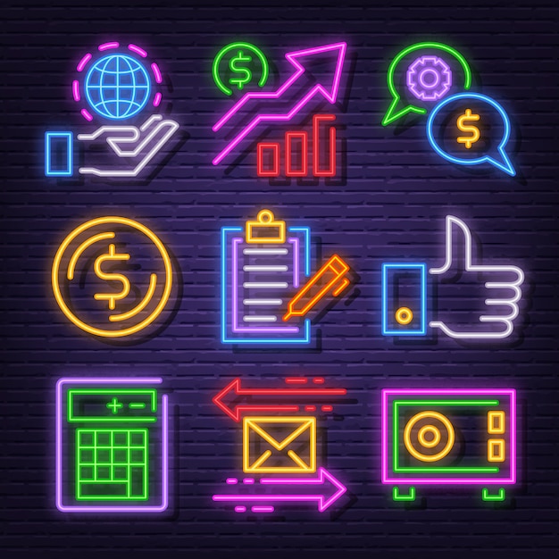 Business neon icon set