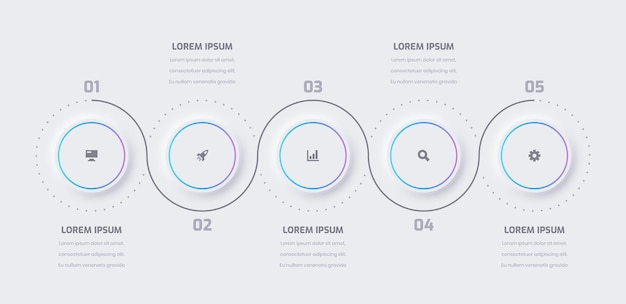 그라디언트 색상 원 레이블 5 숫자 및 아이콘이 있는 비즈니스 Neumorphic Infographic 프레젠테이션