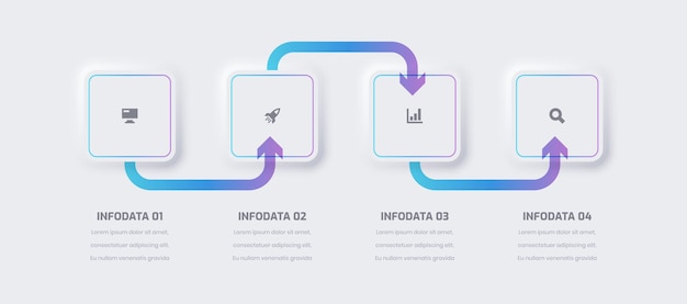 Бизнес-неоморфная инфографическая презентация с градиентной цветной квадратной меткой 4 и иконкой