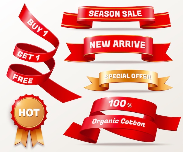 Business offer ribbon and badge collection in red and golden color, 3d illustration