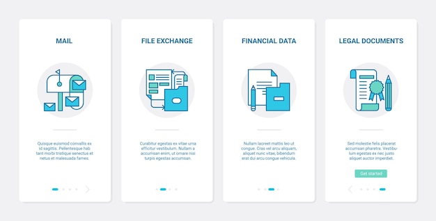 Scambio di file per uffici aziendali. ux, app mobile di onboarding dell'interfaccia utente imposta archiviazione di report di dati finanziari, trasferimento e gestione di documenti finanziari legali, contratto legale