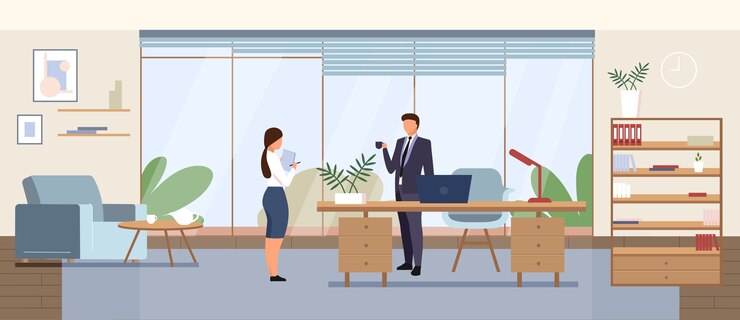 Vector 비즈니스 사무실 평면 색상. 회사 관리자, 회사 ceo 캐비닛 배경에 문자가있는 2d 만화 인테리어 디자인. 비서, 개인 비서와 사업가