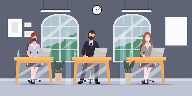 Business office people maintain social distancing office room. New normal lifestyle in job.