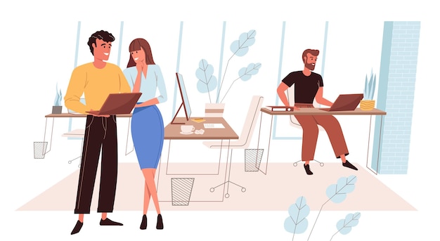 Business office web illustration in flat style. Colleagues discussing work task