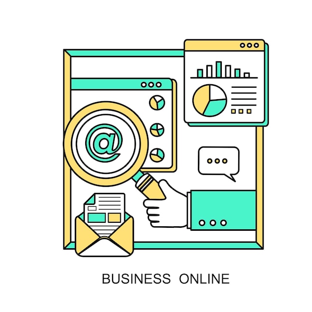 Business online concept: a hand holding a magnifying glass in line style