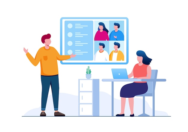 business online meeting teamwork flat vector illustration for banner and landing page