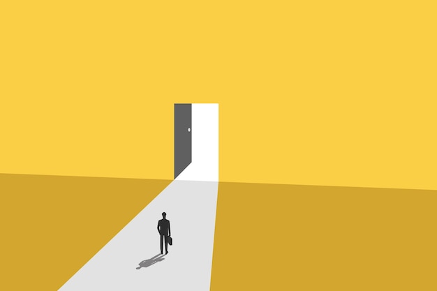 Business opportunity or career success vector concept with man walking enter door