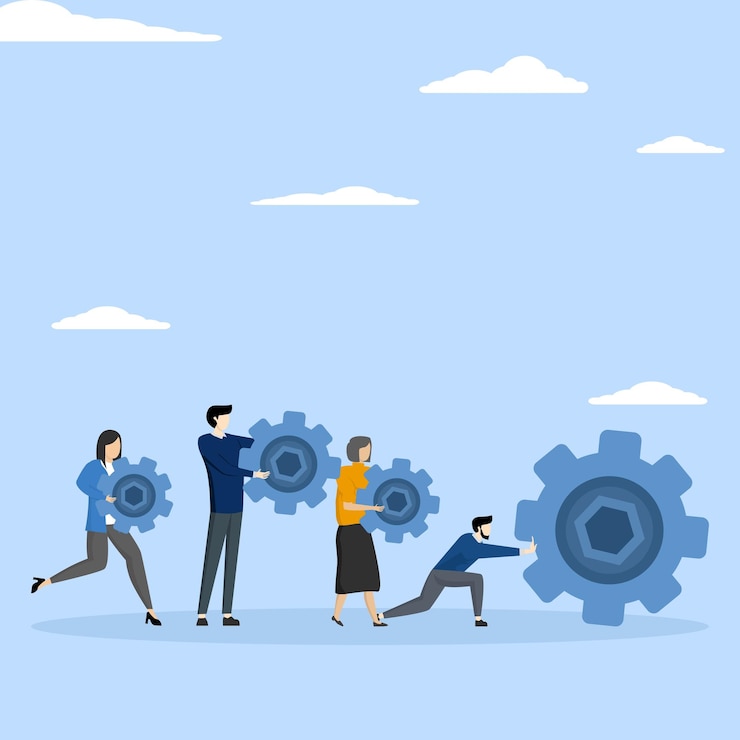 Vector business organization, people working together, teamwork for mission success, teamwork improve work