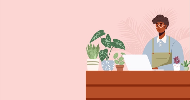 Business owner working on laptop at desk in plants shop illustration