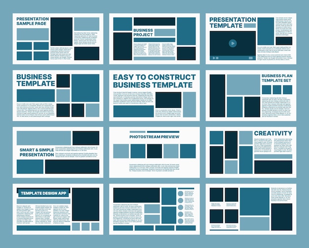 Vector business pages templates presentation ui design frames and layout elements personal titles and text boxes dividers web links icons symbols buttons garish vector pages