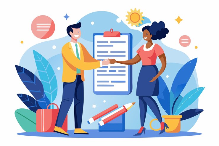 Vector business partners engage in a handshake to finalize their contract in a vibrant office atmosphere two partners shaking hands on a work contract flat illustration