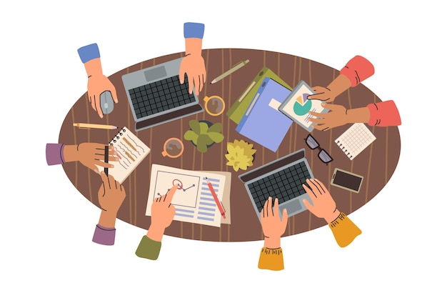 business partners hands at oval table top view