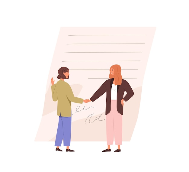 business partners handshake and signed contract agreement conclusion concept businesswomen making deal shaking hands after document approval flat vector illustration isolated on white background