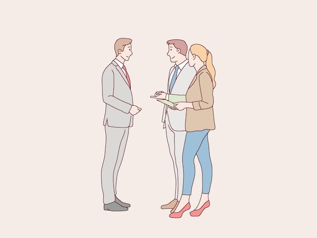 Business partners man woman discussing having conversation work simple korean style illustration