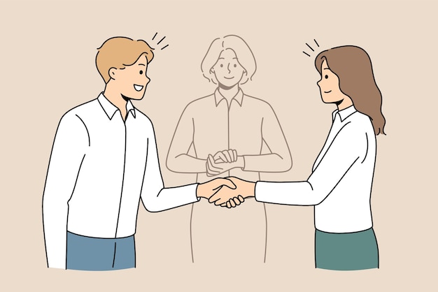 Business partners shake hands find solution with help of mediator Happy employees or colleagues come to agreement resolve problem with impartial arbitration Vector illustration