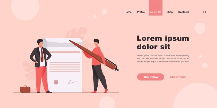 Vector business partners signing document landing page in flat style