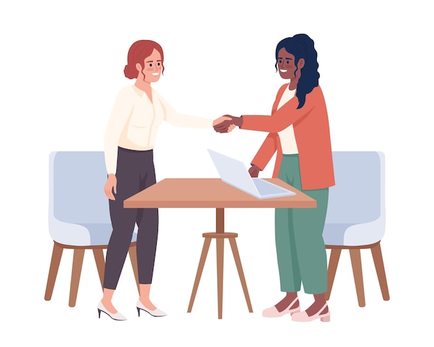 Business partners singing agreement at meeting semi flat color vector characters