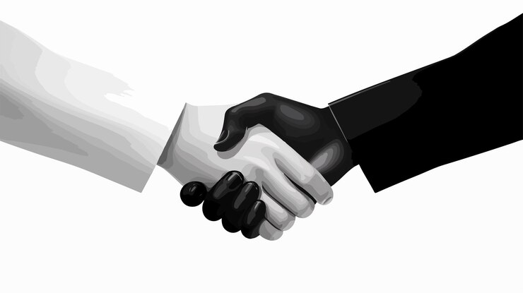 Vector business partnership agreement concept with black and white shaking hands