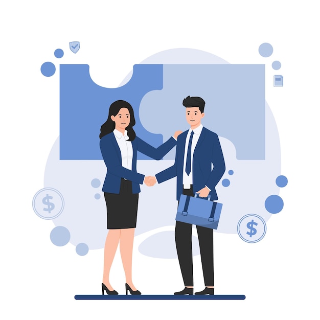 비즈니스 파트너십 개념 (MOU) 거래를 마무리하기 위해 손을 는 사업 파트너