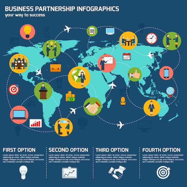 Business partnership infographic template with world map