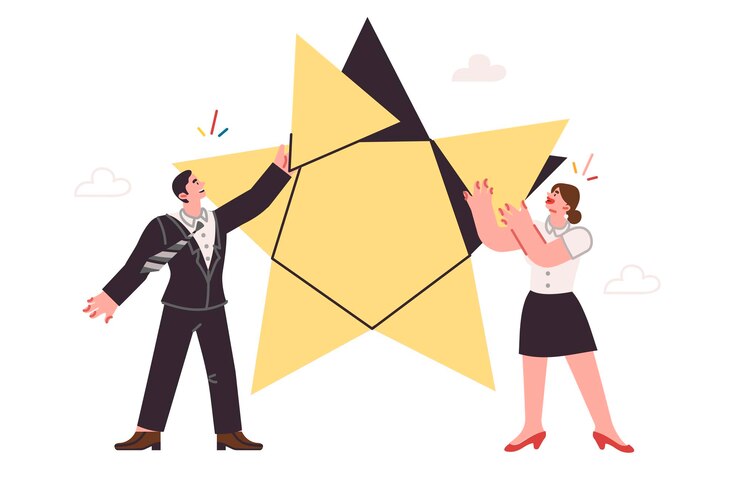 Vector business partnership of man and woman together building star symbolizing successful startup