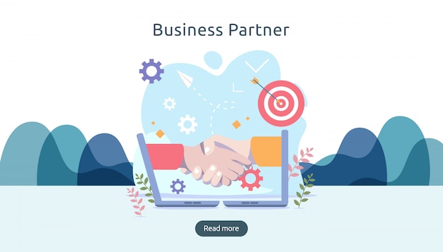 Vector business partnership relation with hand shake and tiny people character. teamwork concept.