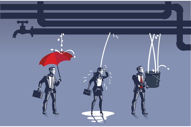 Business people anticipate water coming out of leaking pipes blue collar conceptual illustration