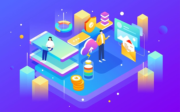 business people are communicating and talking surrounded by various data isometric vector