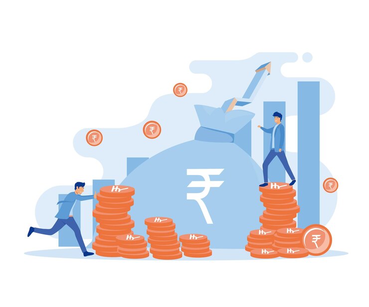 वेक्टर business people are increasing rupee coins with ever increasing graph flat vector modern