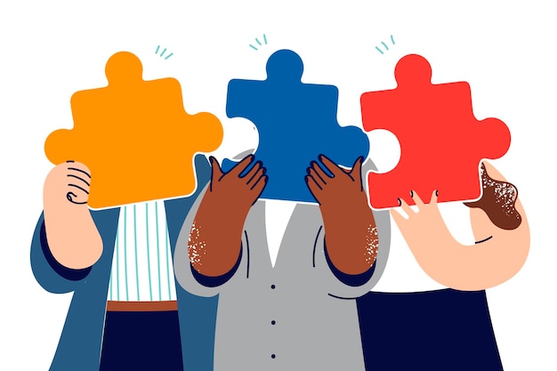 business people association hides faces behind puzzle pieces demonstrating its readiness to merge